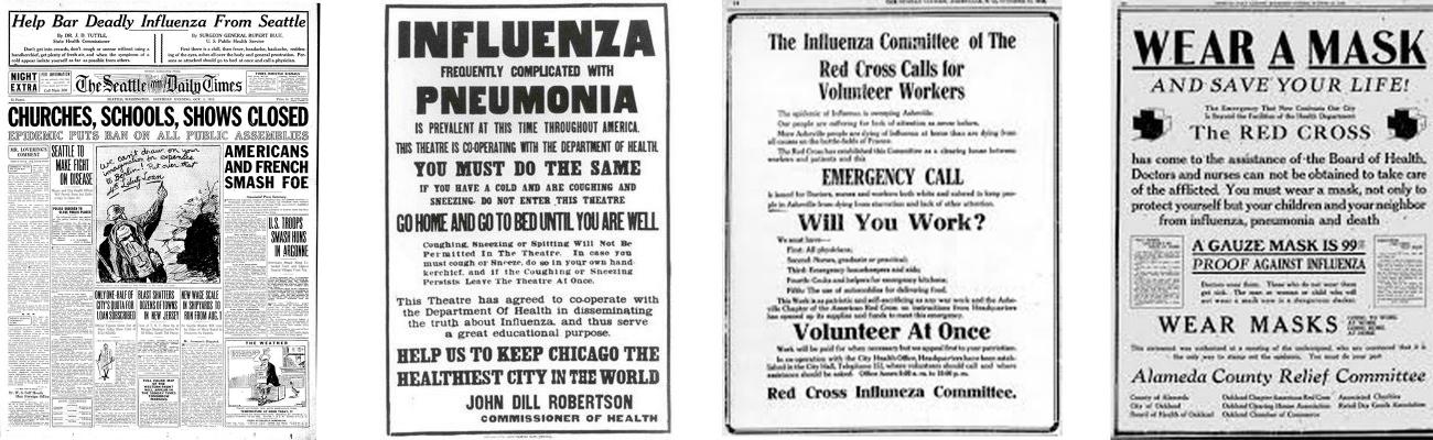 Newspapers in 1918 promoting wearing masks, social distance, broad shutdown and the dangers of the influenza.