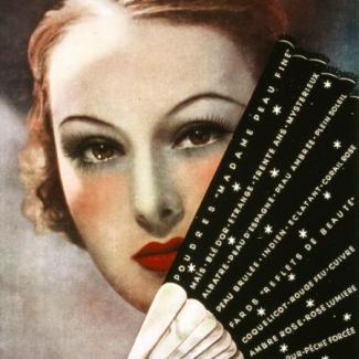 Advertisement featuring a drawing of a face, that of Mademoiselle Argal, Miss Paris 1934.
